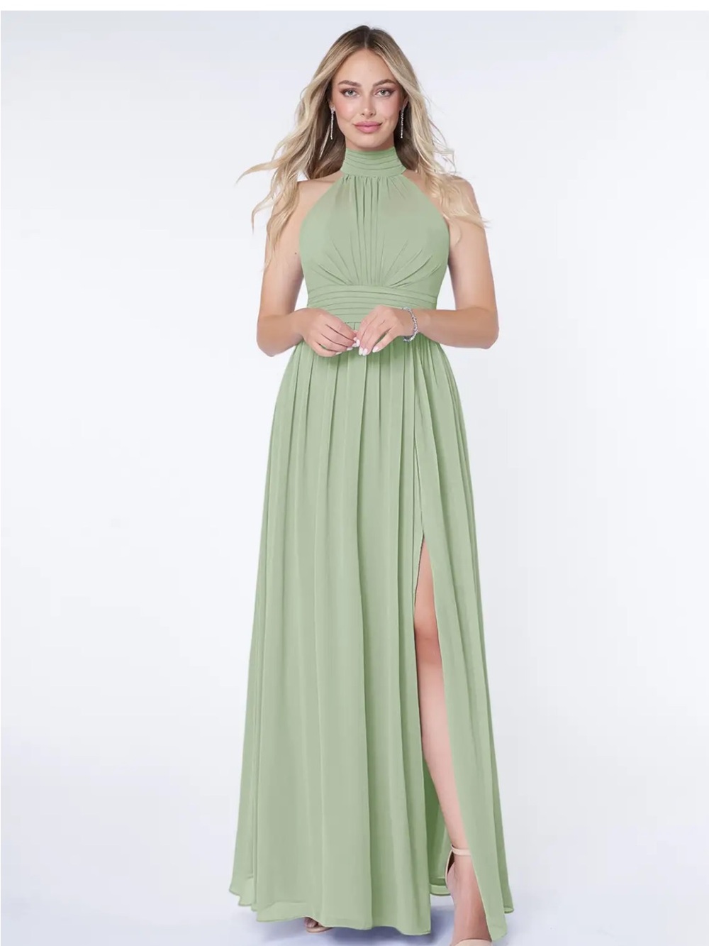 Azazie Sage Green High-Neck Halter Maxi Dress